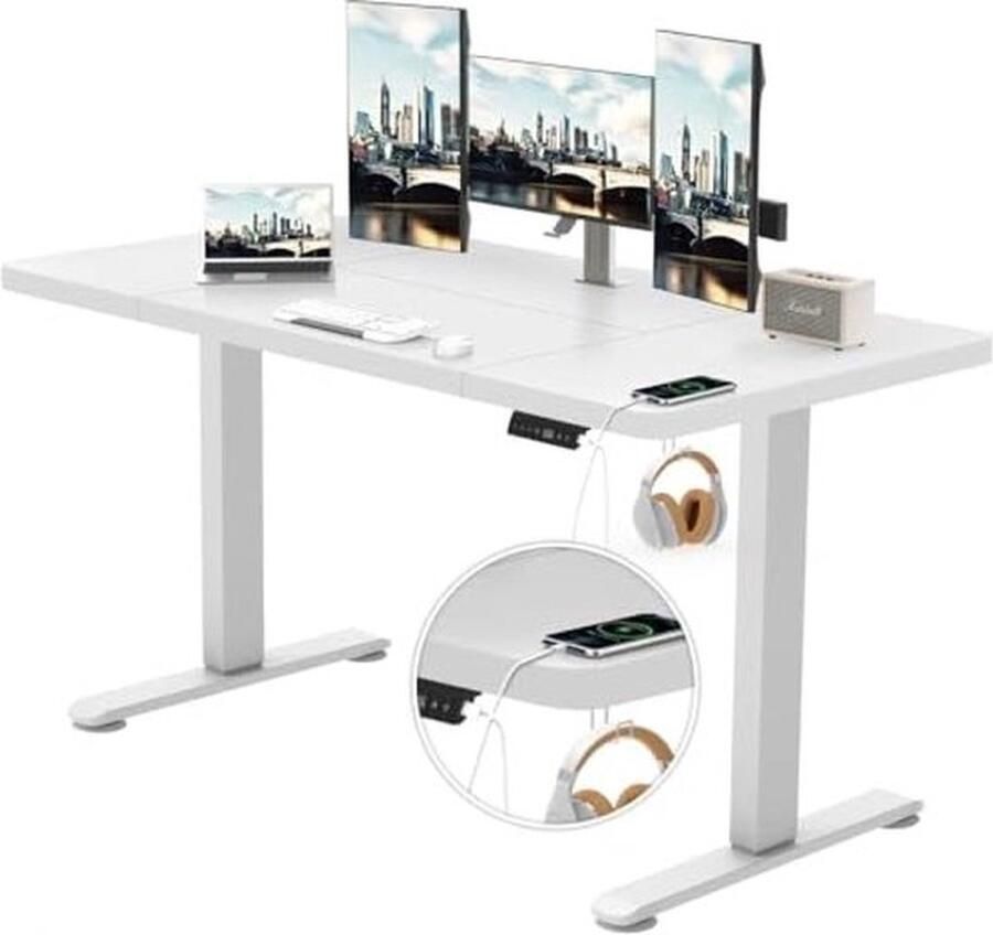 PolkaHome In hoogte verstelbaar bureau 3-voudig geheugen groot anti-botsingsysteem computer- en statafel wieltjes 160 x 80 cm wit