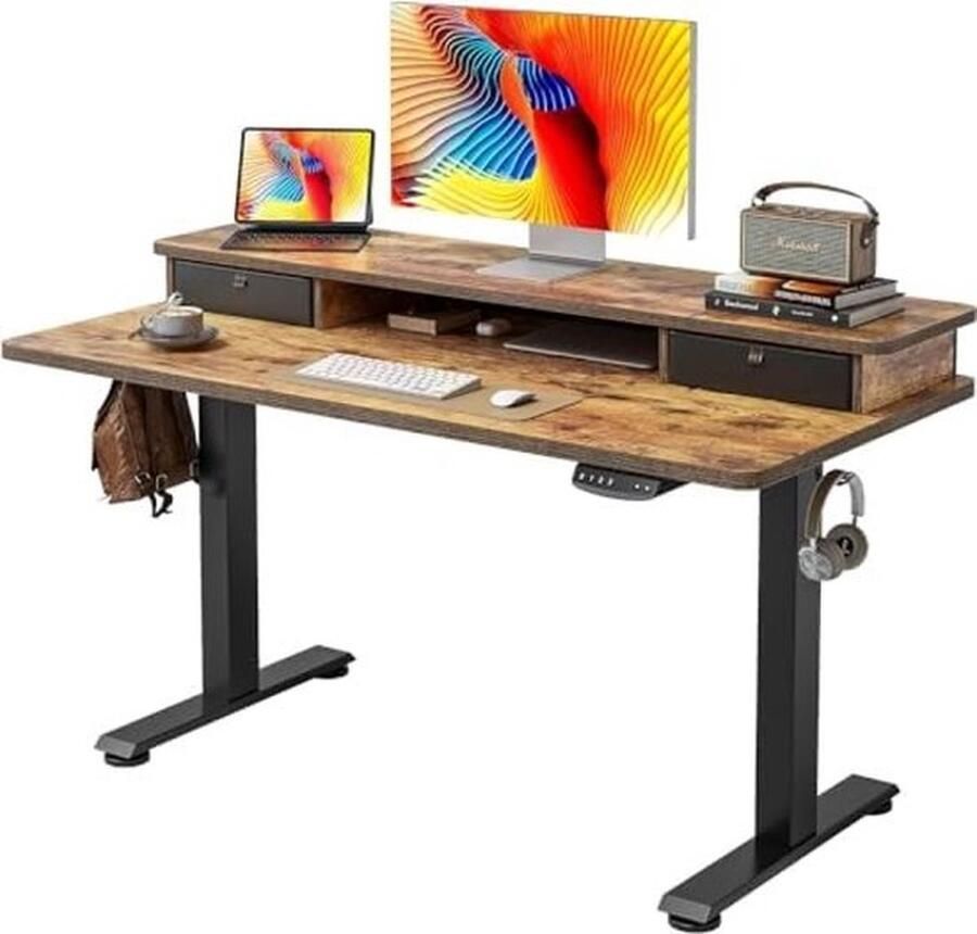 PolkaHome In hoogte verstelbare elektrische statafel met dubbele lade 100 x 60 cm statafel met plank zit-sta-bureau met verbindingsplaat zwart frame rustiek bruin oppervlak