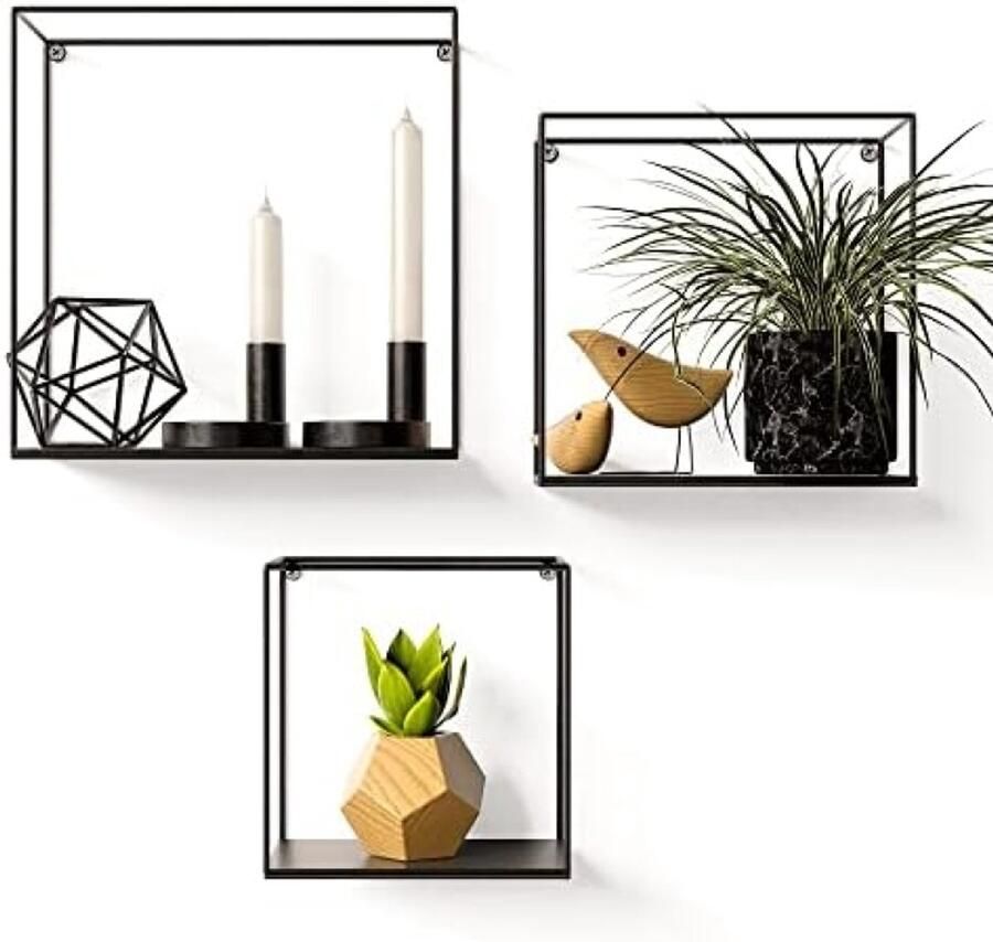 PolkaHome Industrieel Wandrek Metaal Set van 3 Verschillende Formaten Decoratieve Wandkastjes Zwart Wanddecoratie