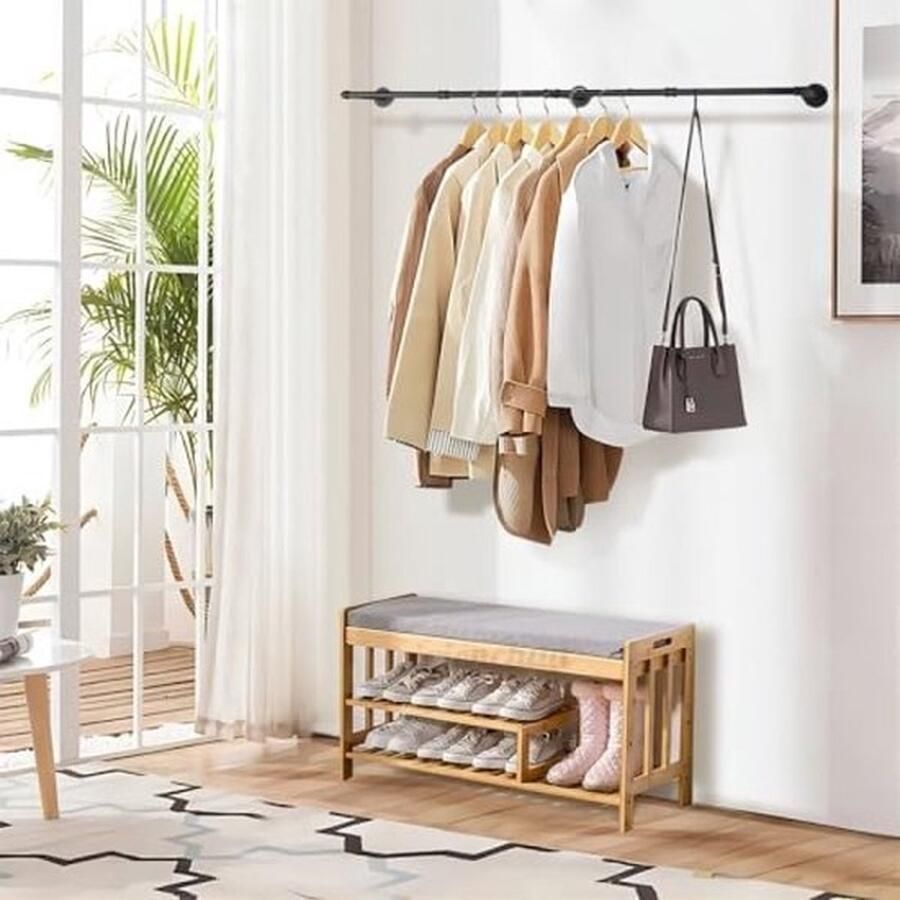 PolkaHome Industriële buisvormige kledingstangen 180 cm kledingrek voor aan de muur rustieke kledingopslag ruimtebesparend wandrek met 3 bases