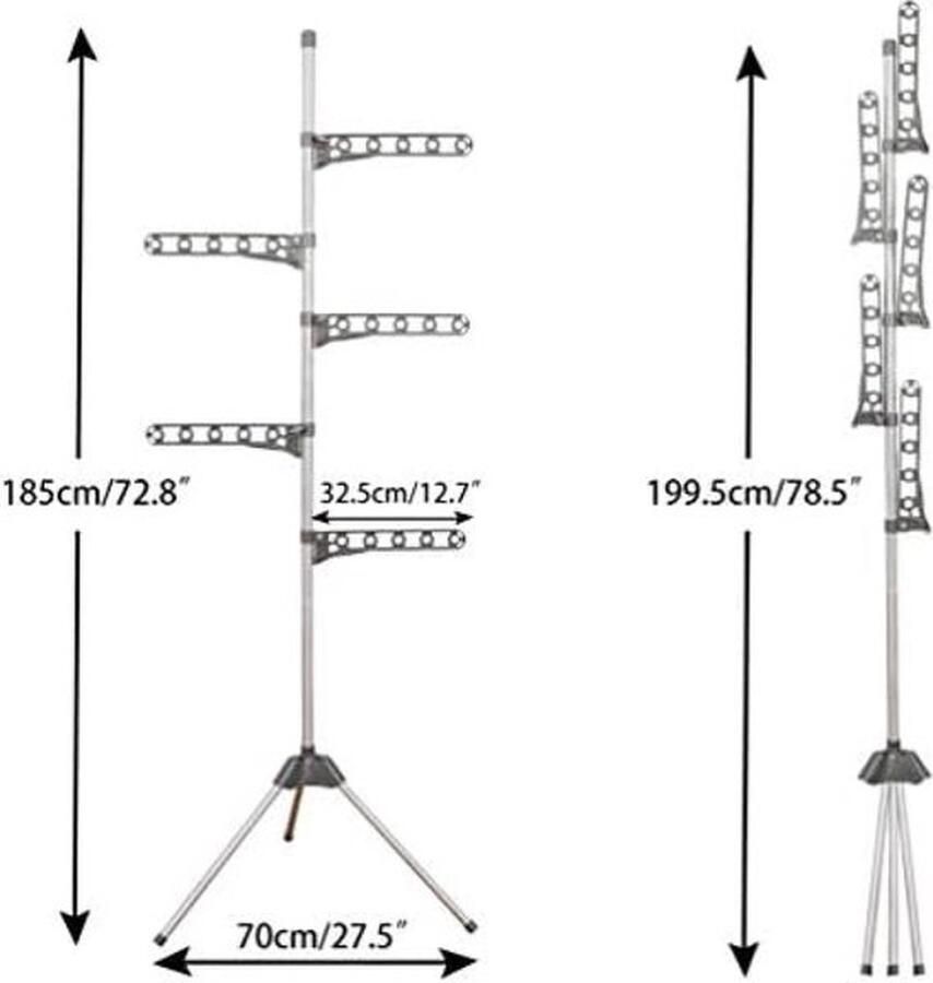 PolkaHome Inklapbaar Droogrek Staand Kapstok Kledingrek met 5 Arms Hanger in Hoogte Verstelbaar Ruimtebesparend voor Overhemden Jassen Hoeden Entree Gang Balkon Slaapkamer