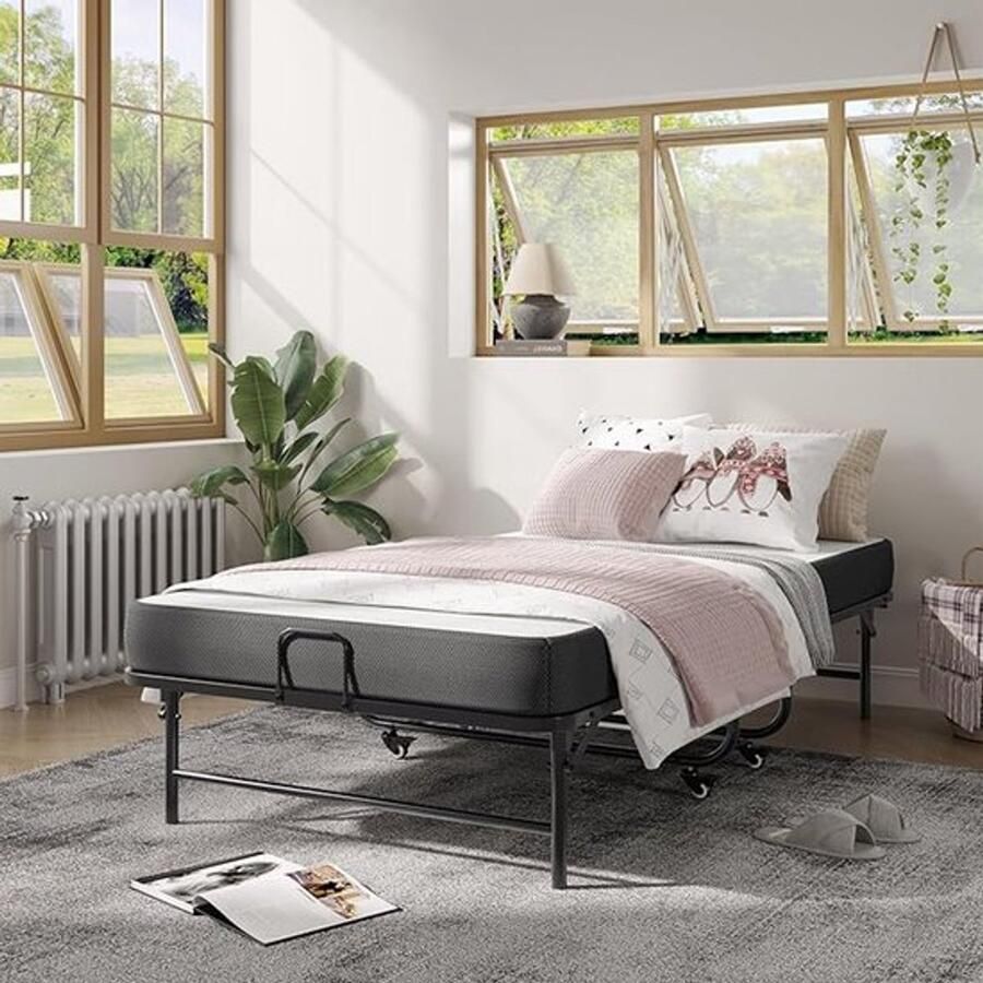 PolkaHome Inklapbaar logeerbed 90 x 200 cm met 10 cm dik schuim matras opklapbed voor volwassenen duurzaam en robuust metalen bedframe met 4 wieltjes opvouwbaar reisbed belastbaar tot 200 kg