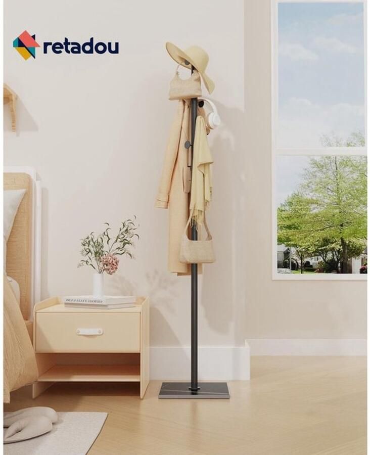 PolkaHome Kapstok met rok kleine metalen kledingstandaard modern vrijstaand boomvormig kledingrek met 8 haken 30 x 30 x 175 cm zwart