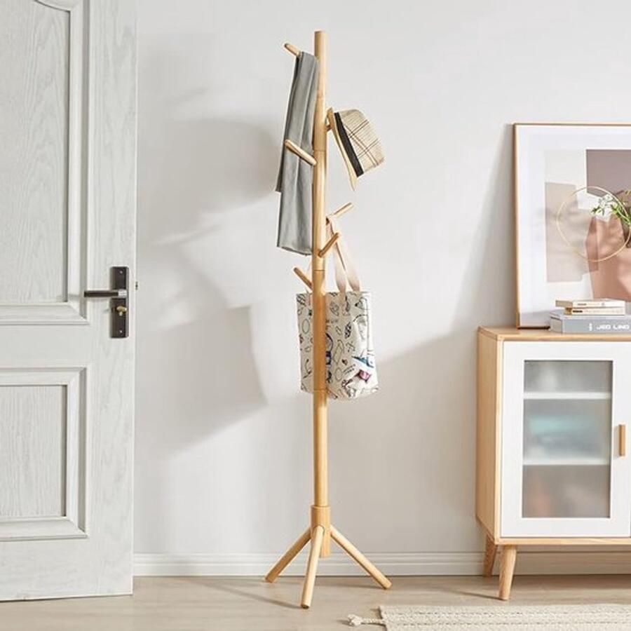 PolkaHome Kapstok van massief hout kledingstandaard met 8 haken vrijstaande kapstok in boomvorm voor jassen hoeden tassen entree hal (houtkleur)