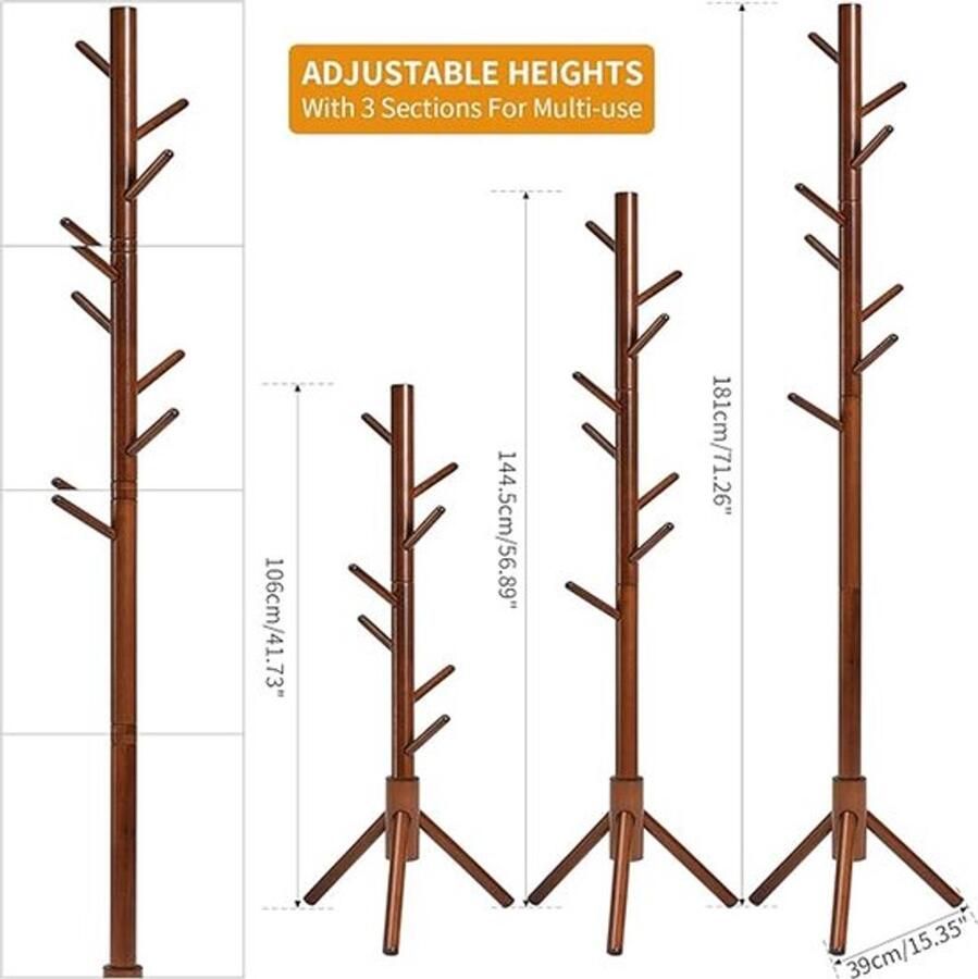 PolkaHome Kapstok van massief hout kledingstandaard met 8 haken vrijstaande kapstok in boomvorm voor jassen hoeden tassen entree hal bruin