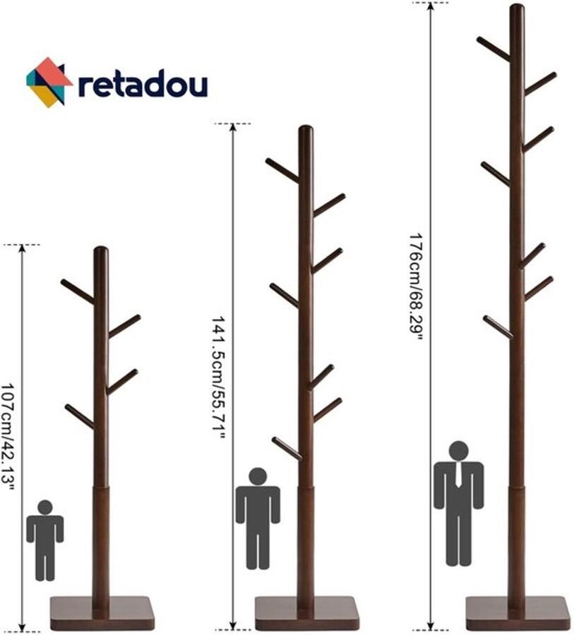 PolkaHome Kapstok van massief hout vrijstaand kledingrek met 8 haken verdikte vierkante basis boomvorm met 3 verstelbare hoogtes voor tas kleding woonkamer bruin