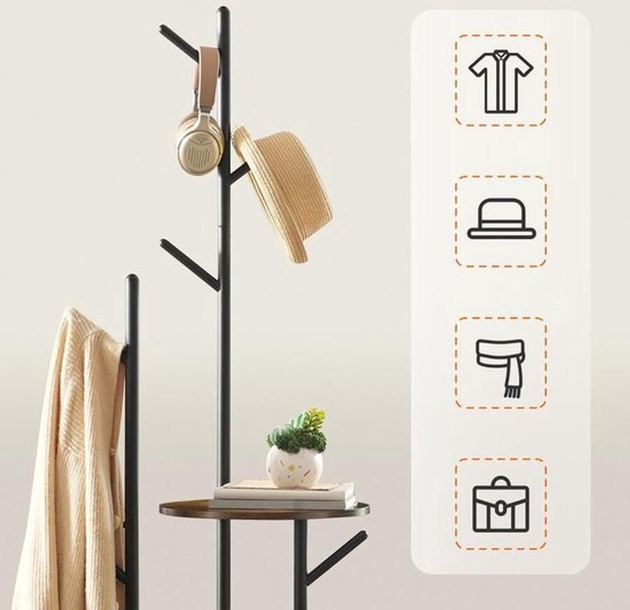 PolkaHome Kapstok vrijstaand kledingrek kapstok in boomvorm kapstok met 6 haken en 3 planken voor kleding hoed woonkamer slaapkamer bruin en zwart