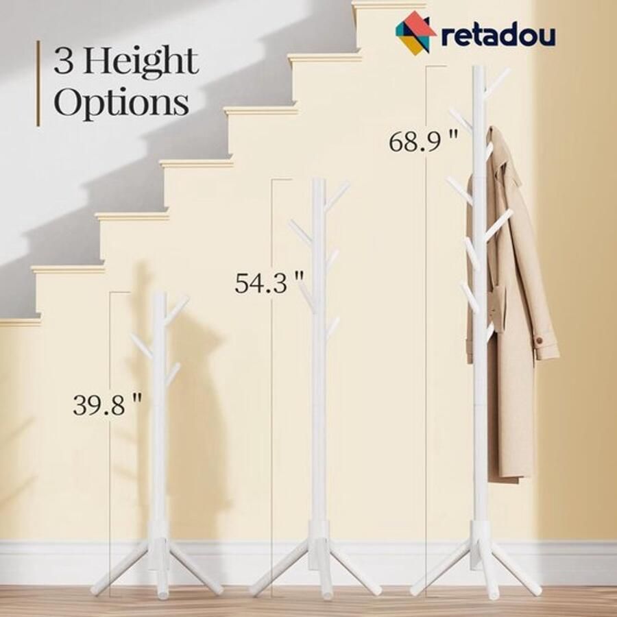PolkaHome Kapstok vrijstaand met 3 verstelbare maten en 8 haken stabiele kapstok van hout voor kleding hoed te gebruiken in de slaapkamer kantoor hal wit