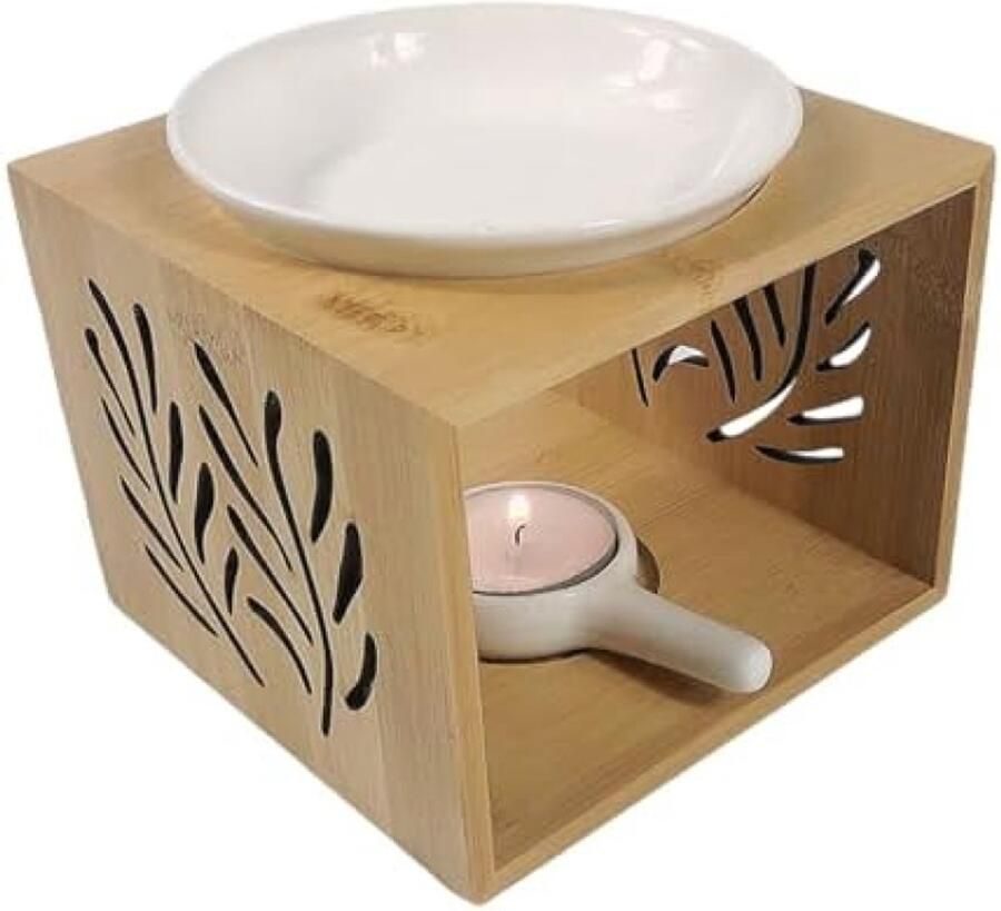 PolkaHome Keramische Geurlamp met Bamboe Aromatherapie Lamp met Houten Waxbrander Inclusief Schaal en Kaarsenhouder 12 x 12 x 9 5 cm Perfect voor Thuisgebruik