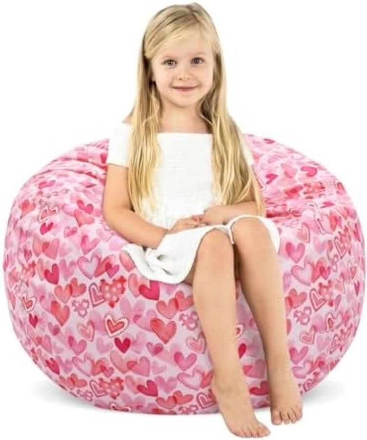 PolkaHome Kinder Zitzak Roze Hart Print Opbergoplossing voor Knuffels