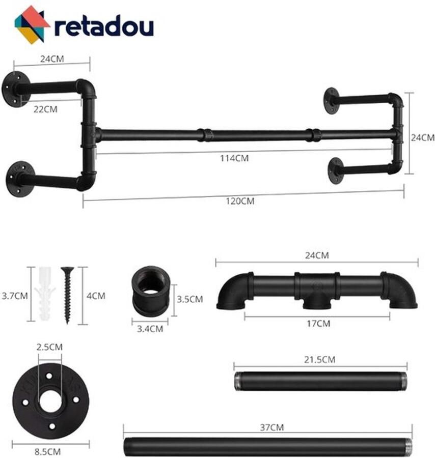 PolkaHome Kledingrek Industriële retro afneembaar kledingstang wandkledingrek-wandkast-ophangrail loftstijl metalen stang max. 60 kg. Kledingrek Industriële kledingstang retro afneembaar wandkledingrek-wandkast-ophangrail loftstijl metalen stang max. 60 kg