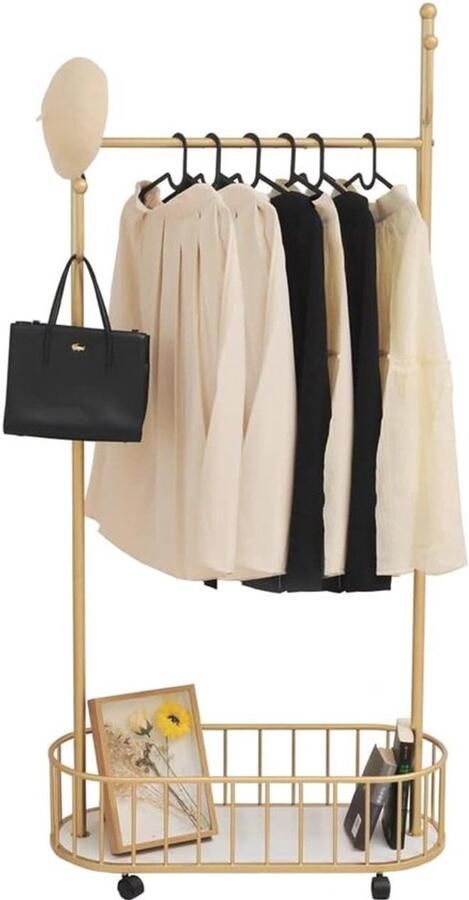 PolkaHome Kledingrek met 4 haken kledingstang kapstok kledingrek op wielen kapstok met wieltjes kledingstang metaal hoekkast kledingrek goud kleine kledingstandaard L