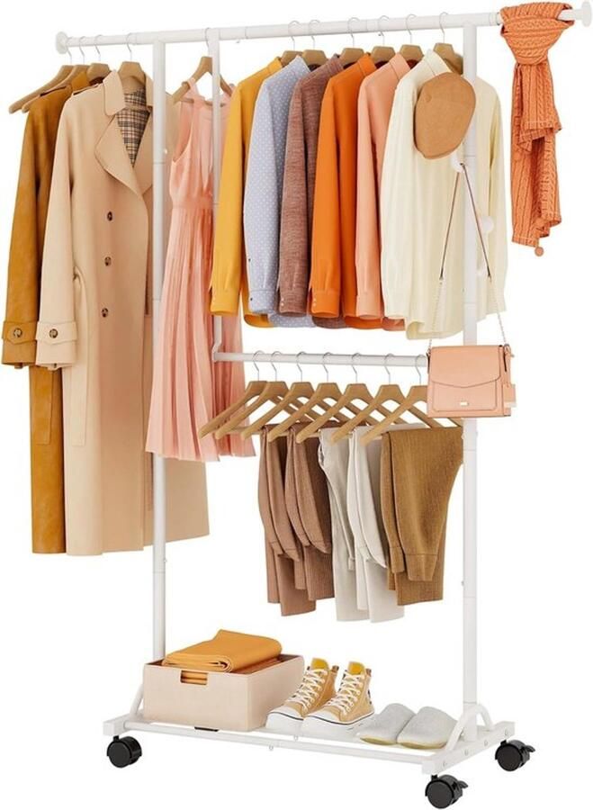 PolkaHome Kledingrek op wieltjes mobiel kledingrek stabiel kapstok van metaal verstelbare garderobe 89 50 x 39 00 x 161 20 cm wit
