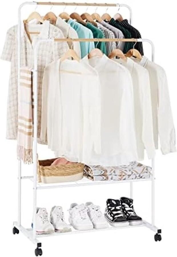 PolkaHome Kledingrek op wieltjes stabiele kapstok van metaal dubbele kledingstangen met 2 planken belastbaar industriële stijl 82 x 51 x 155 cm