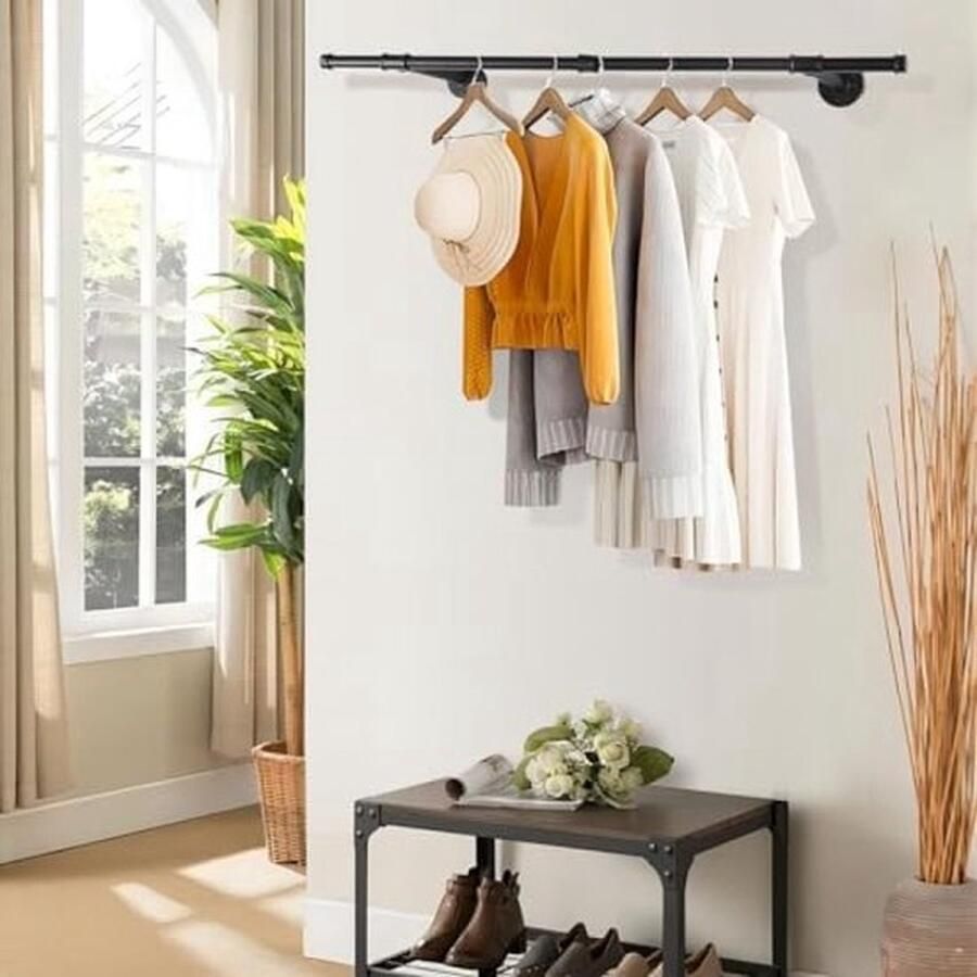 PolkaHome Kledingstang voor wandmontage afneembare kledingstandaard in industrieel design 112 cm buis-kledingrek wandhanger voor kledingopslag voor woonkamer 1 stuks