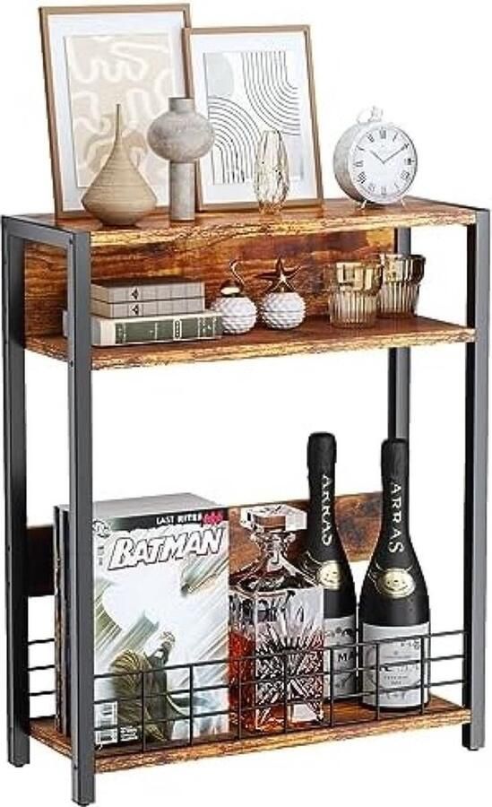 PolkaHome Kleine bijzettafel met tijdschriftenhouder 3 etages smalle bijzettafel met opbergrek moderne salontafel voor smalle ruimtes nachtkastje voor woonkamer slaapkamer