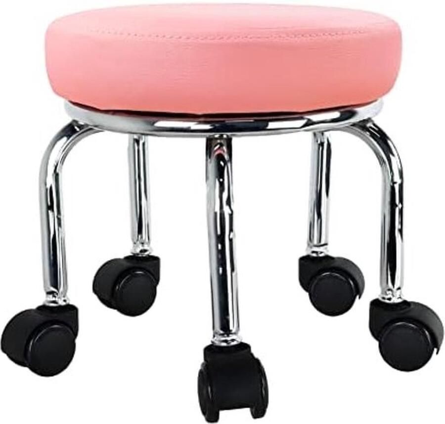 PolkaHome Kleine rolkruk PU lederen rolstoel 360 ° draaibare lage ronde kruk met universele zwenkwielen voor thuis massage tuin kantoor garage shop fitness sport H: 31 5 cm (roze)