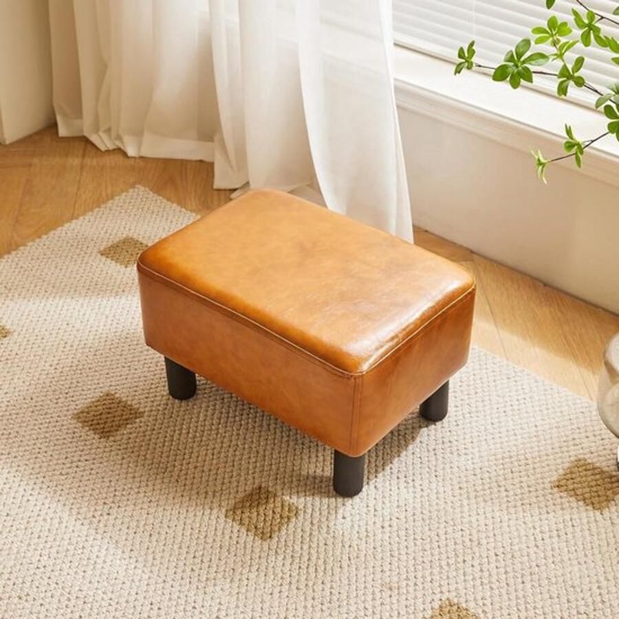 PolkaHome Kleine voetenbank 16.5 PU Lederen Ottomaanse Voetsteun Moderne Thuis Woonkamer Slaapkamer Rechthoekige Kruk met Gewatteerde Zitting Pine Houten Benen Oranje RF-BD217