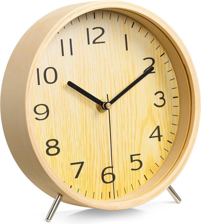 PolkaHome klok Analoge Stille Ronde klok Geruisloze Ronde Houten Klok voor op Bureau Tafel Balie Plank Lichtbruine Mantelklok