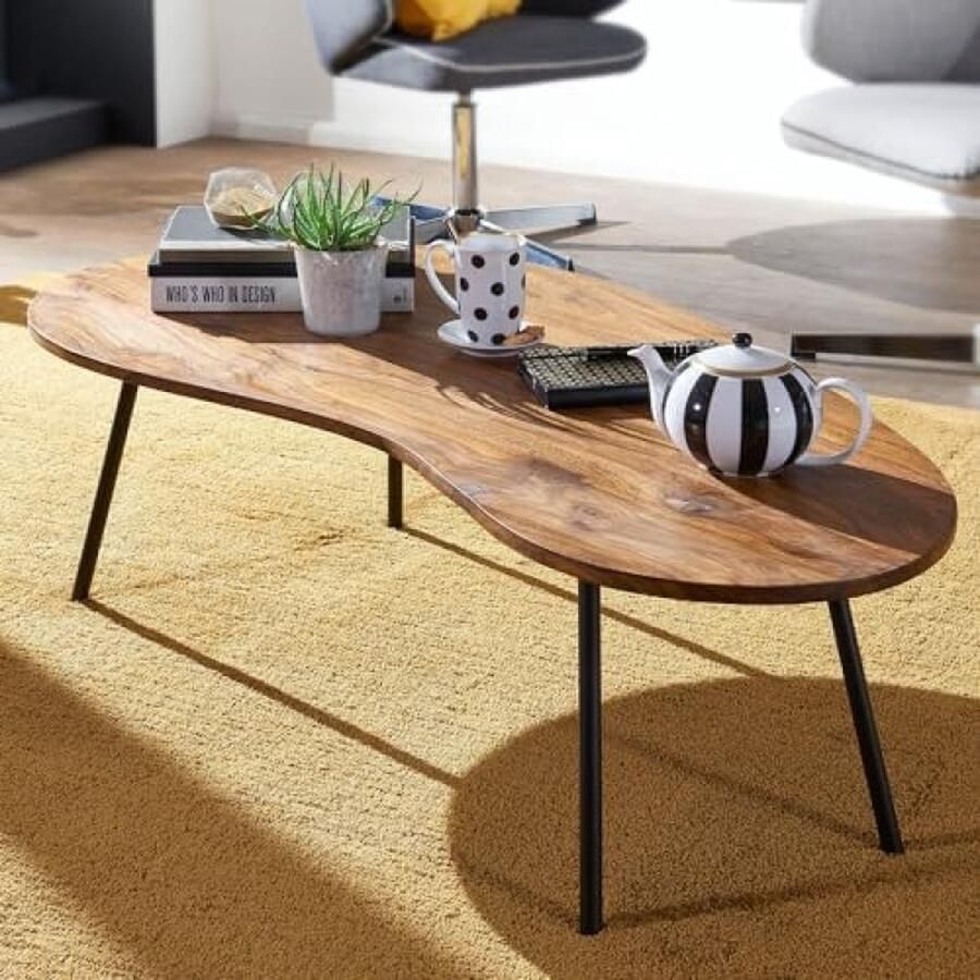 PolkaHome Koffietafel Massief Sheesham-Hout en Metaal 122 x 36 x 63 cm Salontafel Bruin en Zwart Tafel Woonkamer Moderne Houten Tafel Bijzettafel