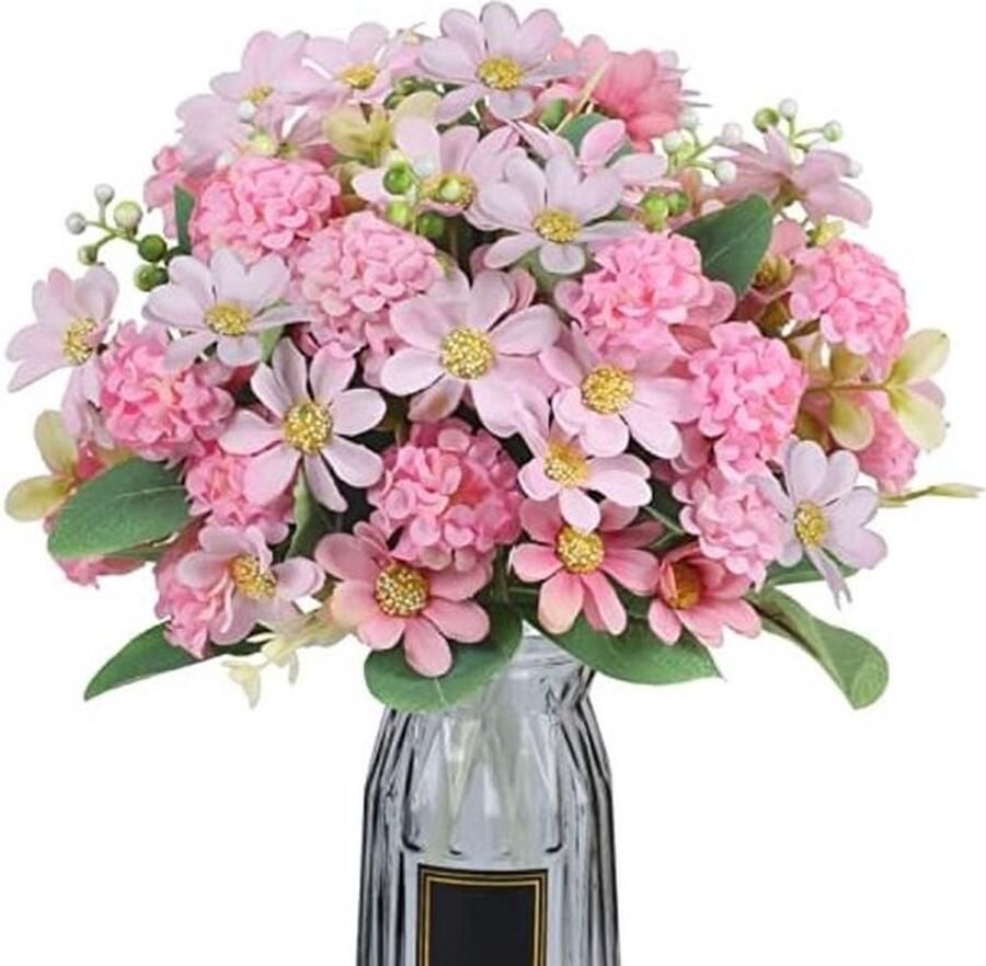 PolkaHome Kunstmatige chrysantenbloemen met roze bal boeket met 10 koppen voor thuis tafel feest raam bruiloft decoratie