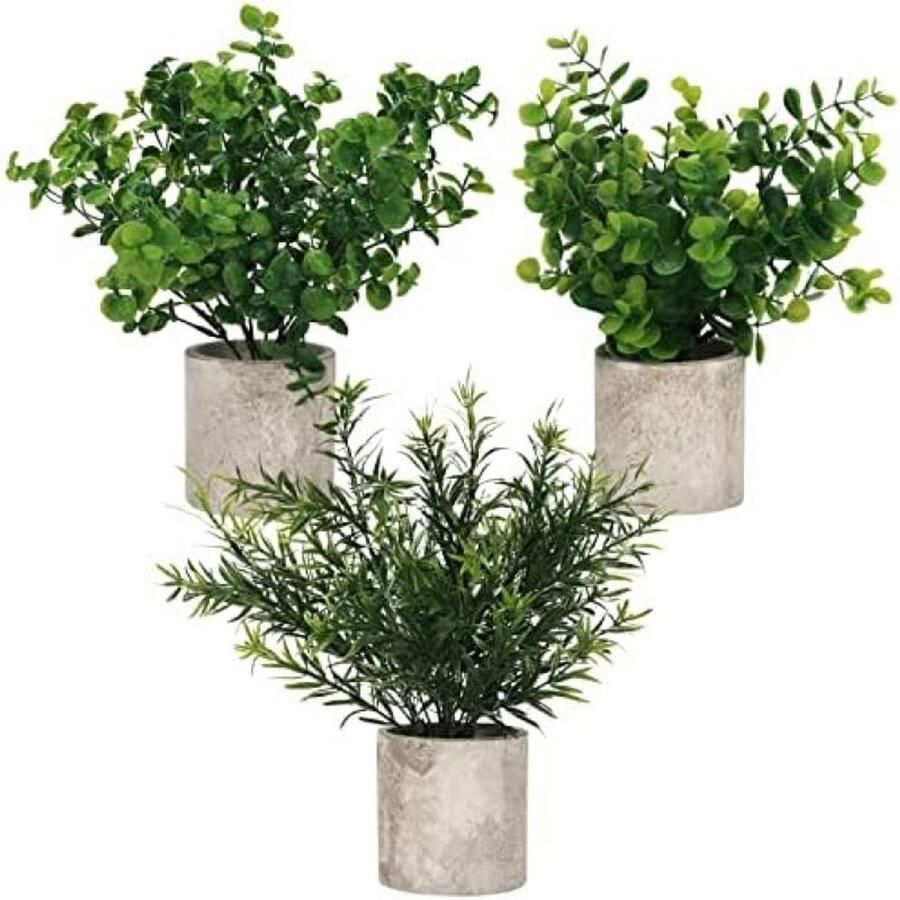 PolkaHome Kunstmatige Eucalyptus Planten Set van 3 Groene Nep Planten in Potten voor Binnenhuisdecoratie Kantoor Huis Keuken Badkamer Tafel Decor
