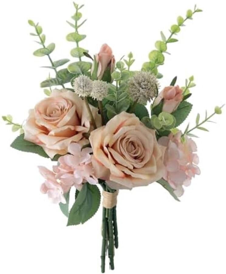 PolkaHome Kunstrozen Roze Champagne Kunstbloemen Zijden Bloemen Boeket voor Huis Keuken Tafel Pronkstuk Bruiloft Bloemstuk Indoor en Outdoor Decoratie 38 cm