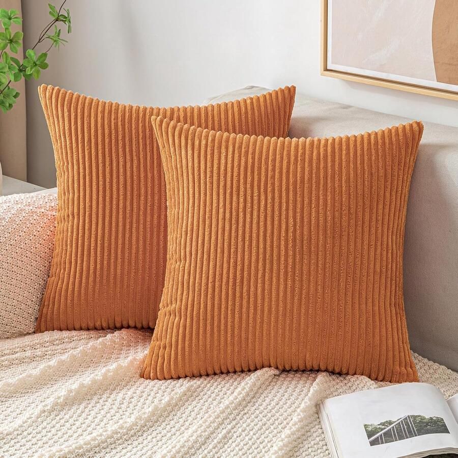 PolkaHome Kussensloop Herfst ribfluwelen sierkussensloop sierkussen sofakussen corduroy decoratieve zachte sierkussenovertrekken voor bank stoel thuis slaapkamer 50 x 50 cm verbrand oranje