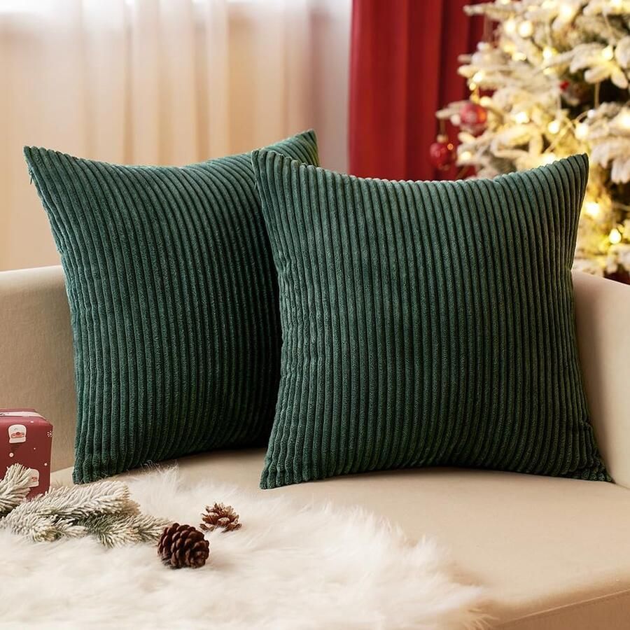 PolkaHome Kussensloop ribfluwelen sierkussensloop sierkussen sofakussen corduroy decoratieve zachte sierkussenovertrekken voor bank stoel thuis slaapkamer 45 x 45 cm donkergroen