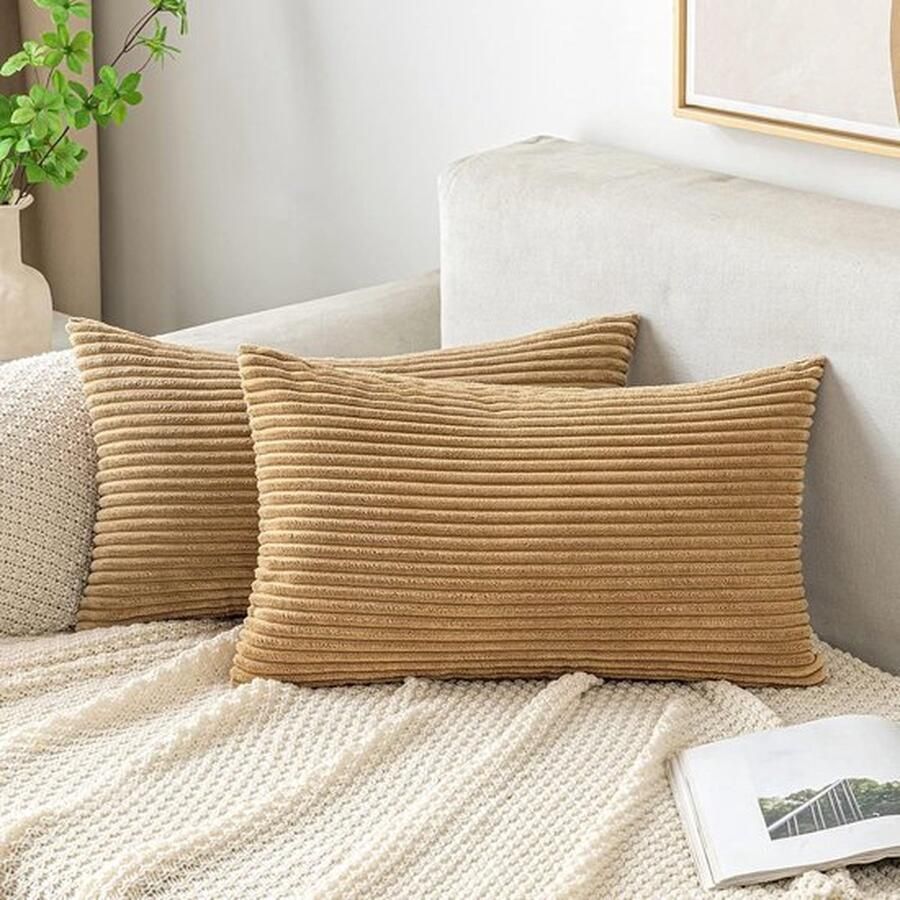 PolkaHome Kussenslopen corduroy langwerpige kussenslopen gestreepte zachte hoes voor sofa bank slaapkamer decoratieve kussenslopen 30 x 50 cm set van 2
