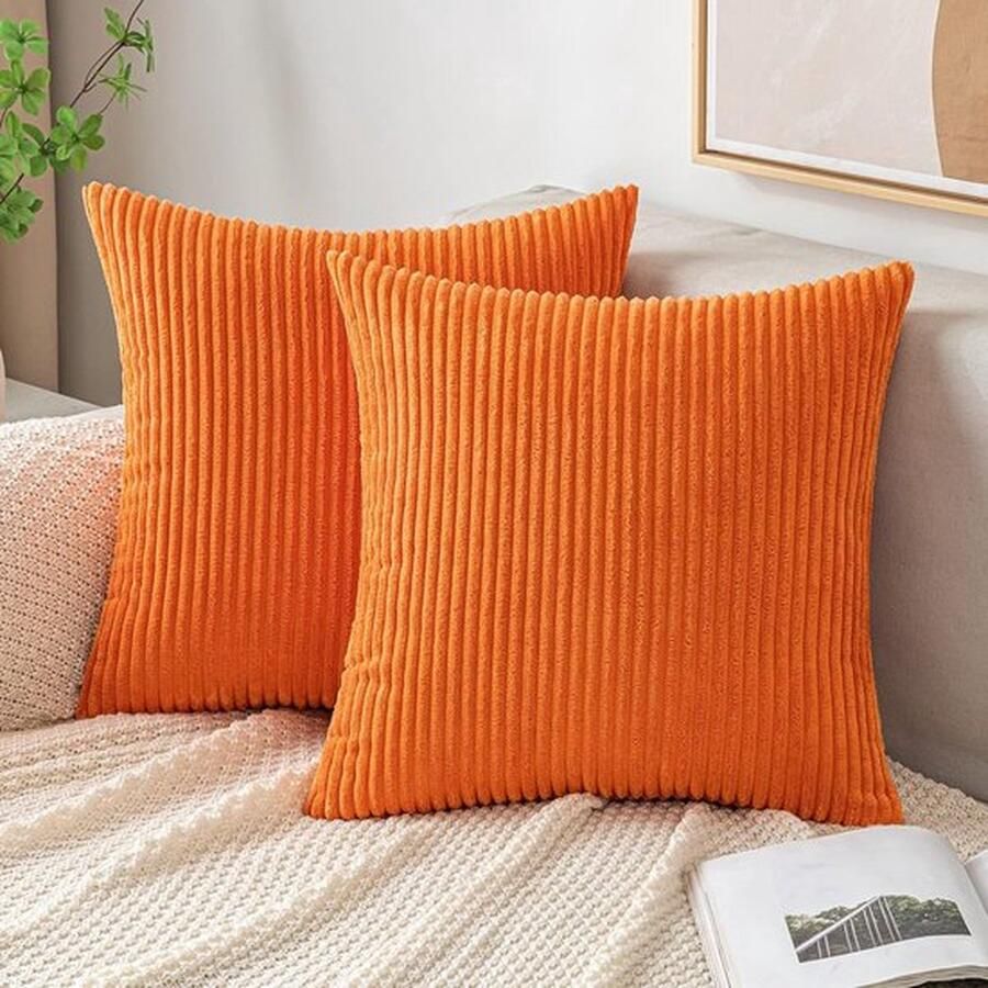 PolkaHome Kussenslopen corduroy vierkante kussenslopen gestreepte zachte sham thuis voor bank slaapkamer decoratieve kussenslopen 45 x 45 cm set van 2