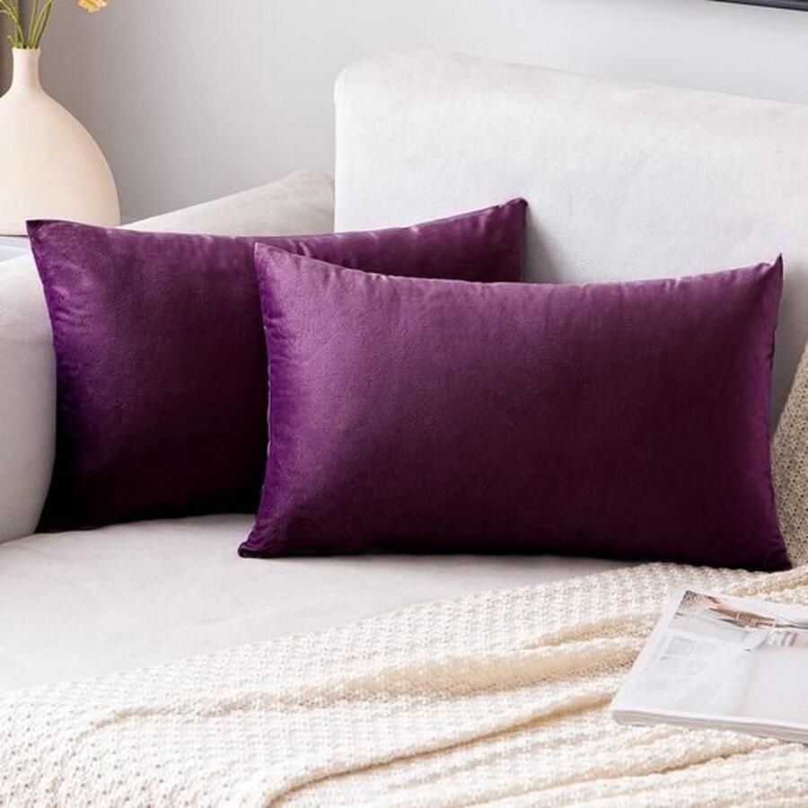 PolkaHome Kussenslopen set van 2 fluweel aubergine decoratief 30 x 50 cm voor woonkamer bank slaapkamer