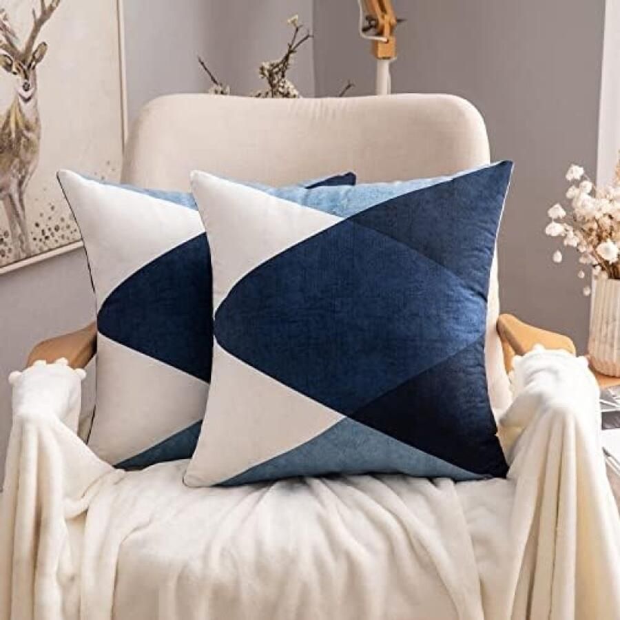 PolkaHome Kussenslopen Set van 2 Vierkant 50x50 cm Zacht Suède Materiaal Geometrisch Patroon Blauw Met Verborgen Ritssluiting Geschikt voor Bank Woonkamer en Bed