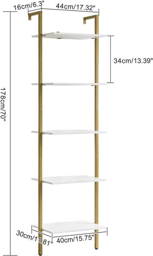 PolkaHome Ladderrek met 5 niveaus boekenkast doe-het-zelf staand rek houten rek metalen frame wandmontage voor boeken decoratie planten voor woonkamer kantoor balkon wit