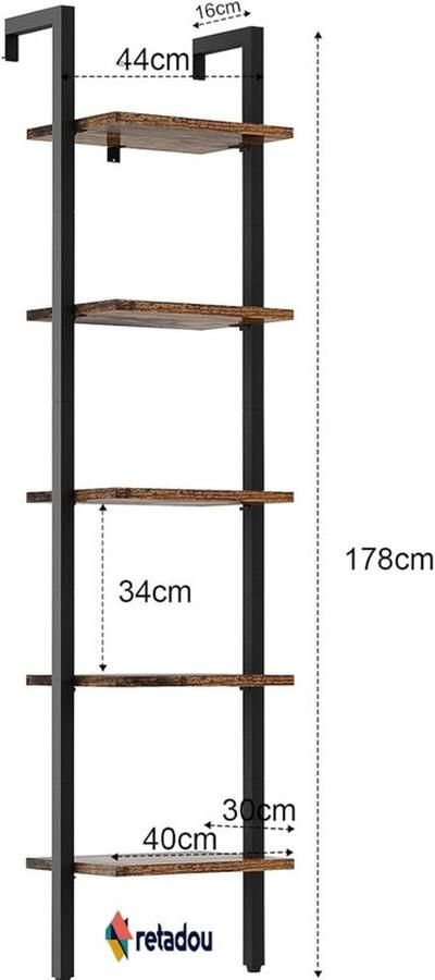 PolkaHome Ladderrek met 5 niveaus boekenkast doe-het-zelf staand rek van hout metalen frame wandmontage voor boeken decoratie planten voor woonkamer kantoor balkon rustiek bruin