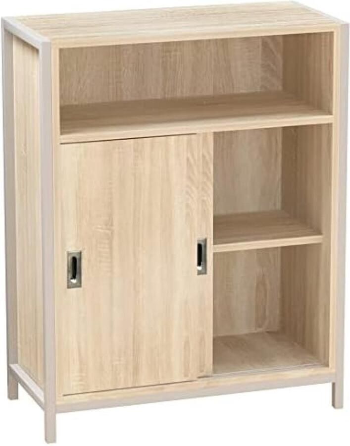 PolkaHome Lage kast boekenkast modern design dressoir kantoor structuur van staal en hout met 2 schuifdeuren 1 opbergvak en 2 binnenruimtes 64 x 30 x 81 cm