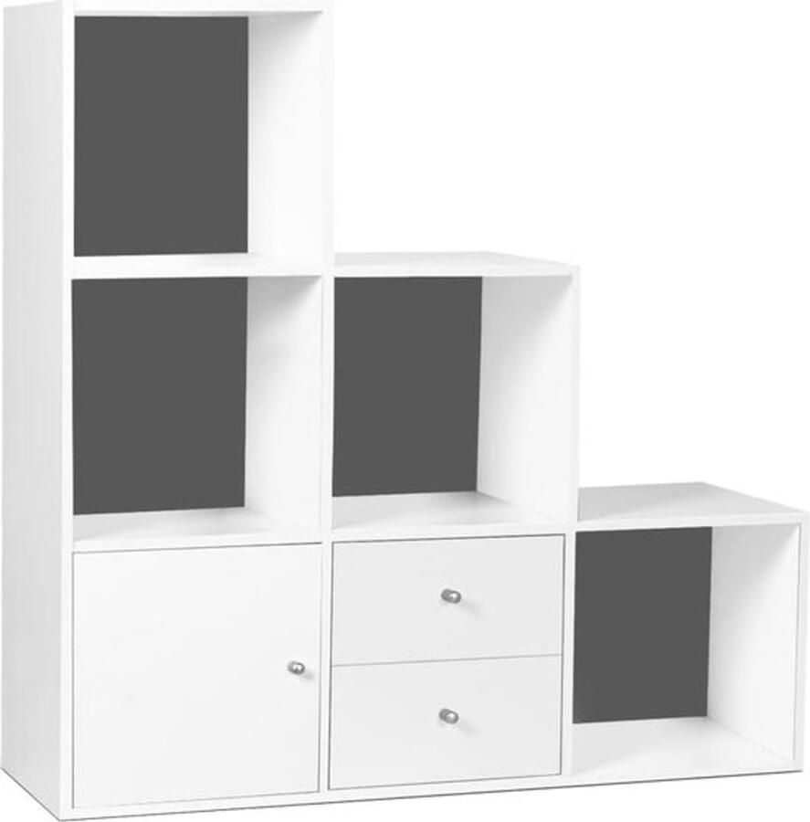 PolkaHome Liam 3 Tier Shelving Unit Wooden White Grey Base with Door and Drawers
