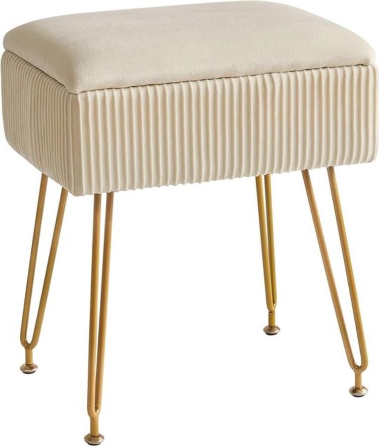PolkaHome Make-upkruk stoel met opbergruimte vierkante kruk van fluweel moderne multifunctionele make-upkruk voor slaapkamer woonkamer kantoor gouden poten 40 x 29 5 x 48 cm beige