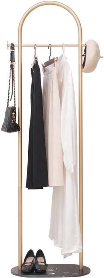 PolkaHome Marmeren kledingrek kapstok kledingstang hoekkast staande jas wiel gouden ronde buis kledingrek kleine kledingstandaard metaal (grootte: 50 x 30 x 170 cm goud)