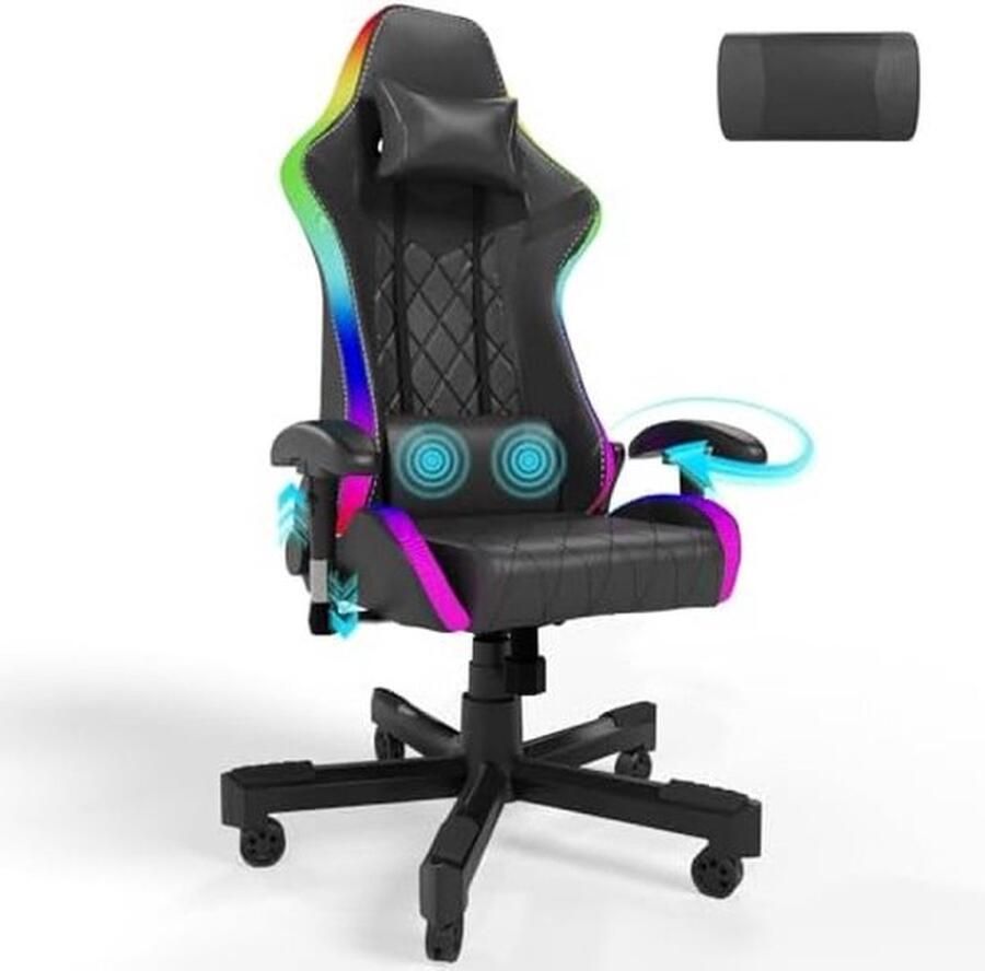 PolkaHome Massage Gaming stoel met led 150 kg belastbaarheid ergonomische bureaustoel RGB-verlichting en lendensteun gamerstoel met PU-leer en verstelbare hoofdsteun