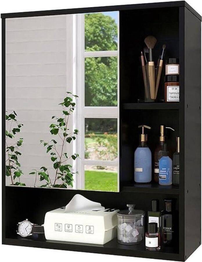 PolkaHome Medicijnkastje Met Spiegel Medicijnkast Toiletkastje Badkamerkast Hoog Hangkast Hangend Medicijnkastje Verstelbare Plank Zwart