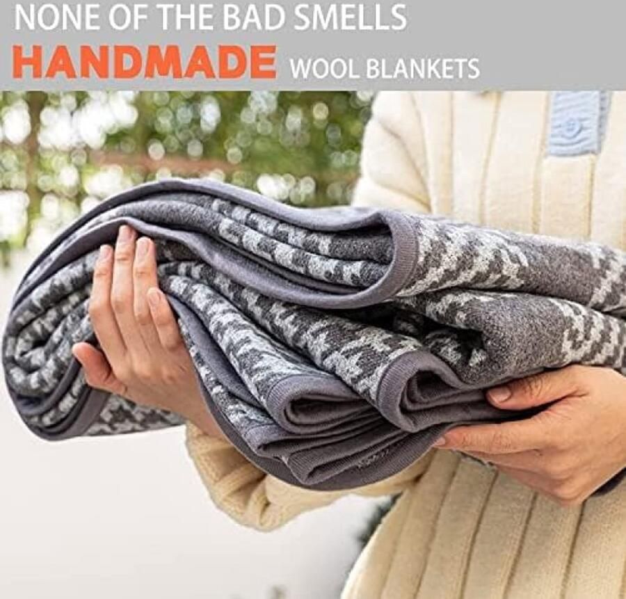 PolkaHome Merino Wollen Deken Warme en Zachte Woondeken voor Bank of Bed Geschikt voor Alle Seizoenen 160 x 220 cm Grijs Houndstooth Patroon