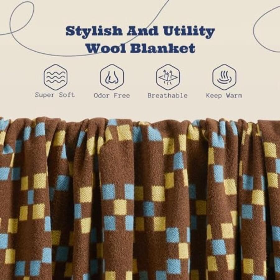 PolkaHome Merino Wollen Deken Zachte Grote Warme Wasbare Woondeken Sprei voor Bed Bank Auto Picknick Reisdeken 160 x 200 cm Geruit Bruin