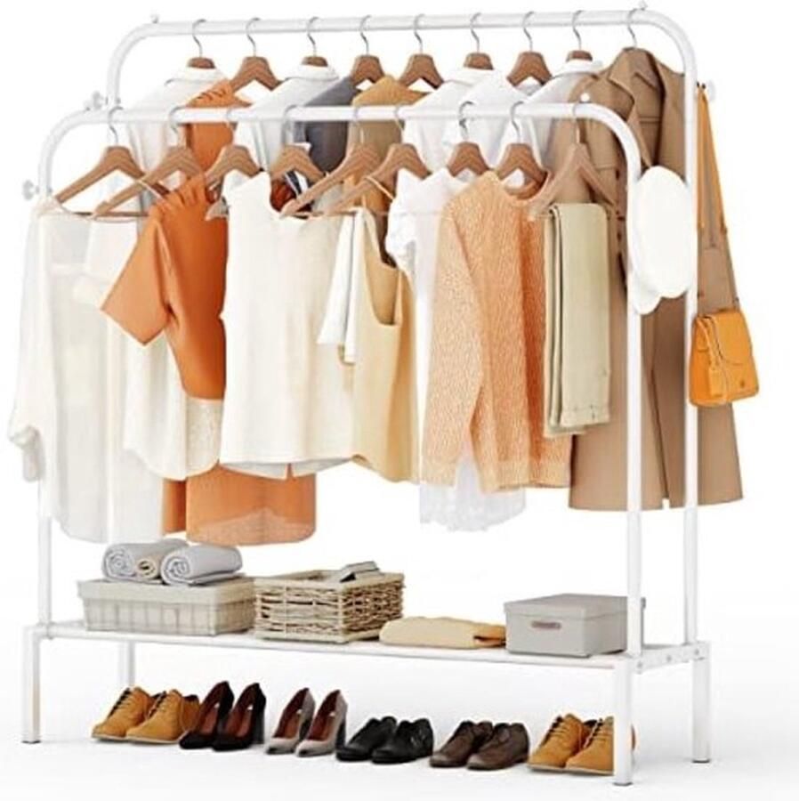 PolkaHome Metalen Kledingrek met Dubbele Stang 111x141.5cm Grote Vrijstaand Kledingrek met Bodemplanken en 4 Haken Multifunctionele Kledingrek & Clothes Rack voor Slaapkamer en Woonkamer Wit