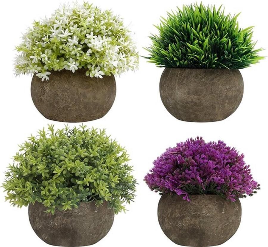 PolkaHome Mini Groen Paars & Witte Artificiële Faux Pot Planten Set (4 Pak) – Kleine Binnen & Buiten Net Planten – Huis Kantoor Badkamer Keuken Decor Bureau Plank & Tafel Groen Decoratie