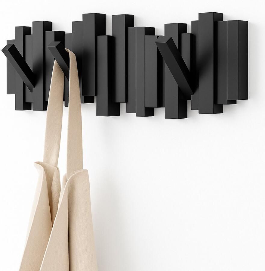 PolkaHome Moderne en ruimtebesparende wandkapstok – Sticks met 5 uitklapbare haken voor jassen tassen sjaals en meer – Strak en stijlvol design in zwart