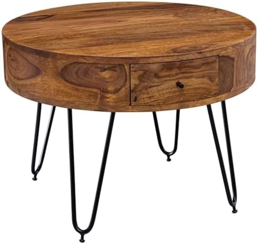 PolkaHome Moderne Ronde Salontafel van Massief Sheesham-Hout en Metaal 60 x 44 5 x 60 cm