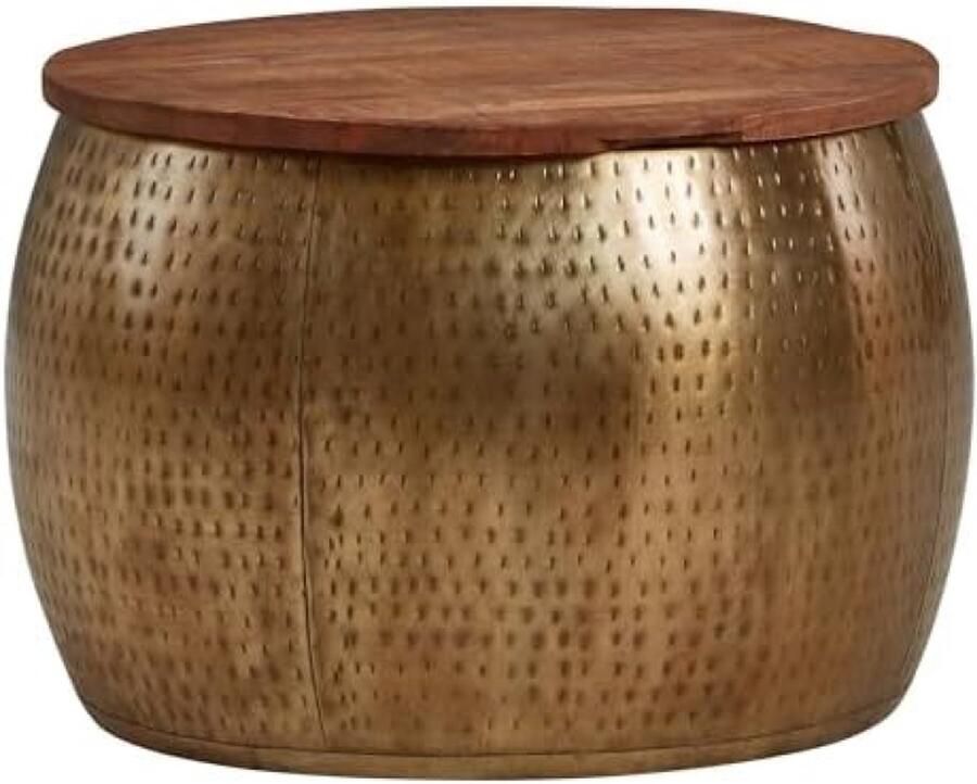 PolkaHome Moderne Ronde Salontafel van Metaal en Massief Mango-Hout 60x60x40 cm Gouden Salontafel