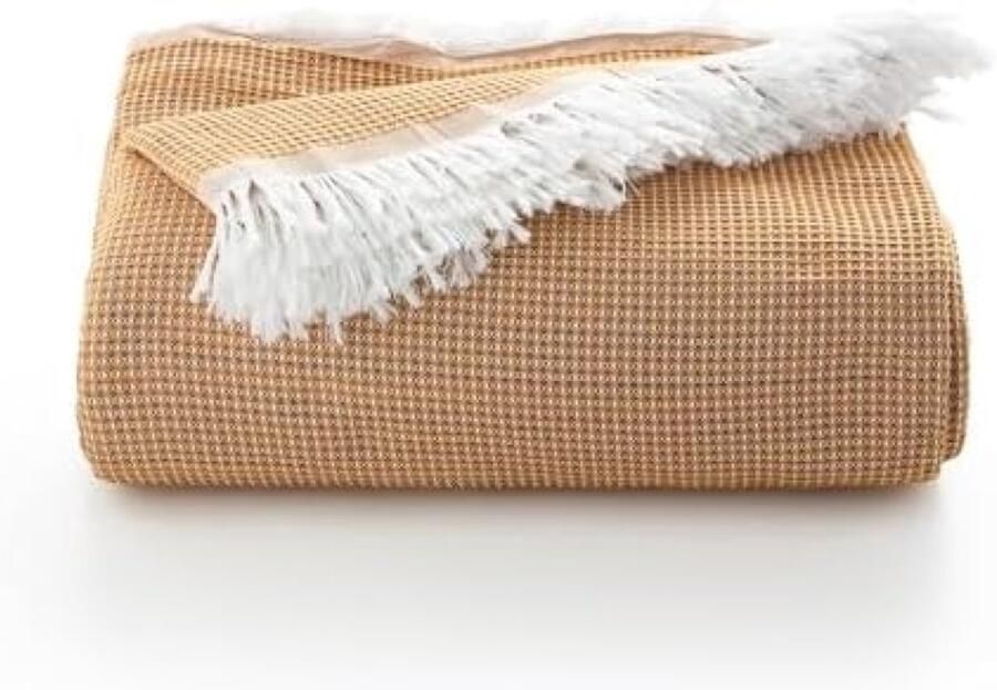PolkaHome Multifunctionele Honingraatpatroon Sprei voor Bed en Bank Zacht Ademend Katoen 180 x 140 cm Mosterd