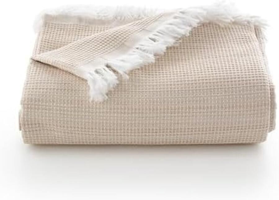 PolkaHome Multifunctionele Honingraatpatroon Sprei voor Bed en Bank Zacht Ademend Katoen Beige 180 x 140 cm